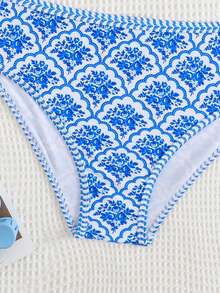 SHEIN Bộ bikini kẻ caro xanh trắng dành cho bé gái tuổi teen: Thiết kế buộc cổ, điểm nhấn dễ thương, mở ra xu hướng thời trang biển mùa hè. - Màu xanh lam - Xem 4