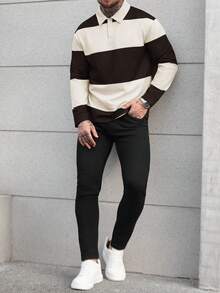 Manfinity Homme 男士休闲宽松半拉链条纹长袖Polo衫 - 棕色 - 查看 5