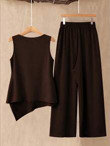 SHEIN LUNE Plus Size Women's Solid Color Button Design Round Neck Tank Top And Wide Leg Pants Casual 2 Piece Set - Brown - View 2