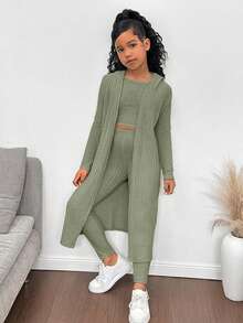 SHEIN 3pcs/Set Tween Girls Long Jacket + Vest + Leggings, Casual Versatile Fashion Outfit - Army Green - View 1