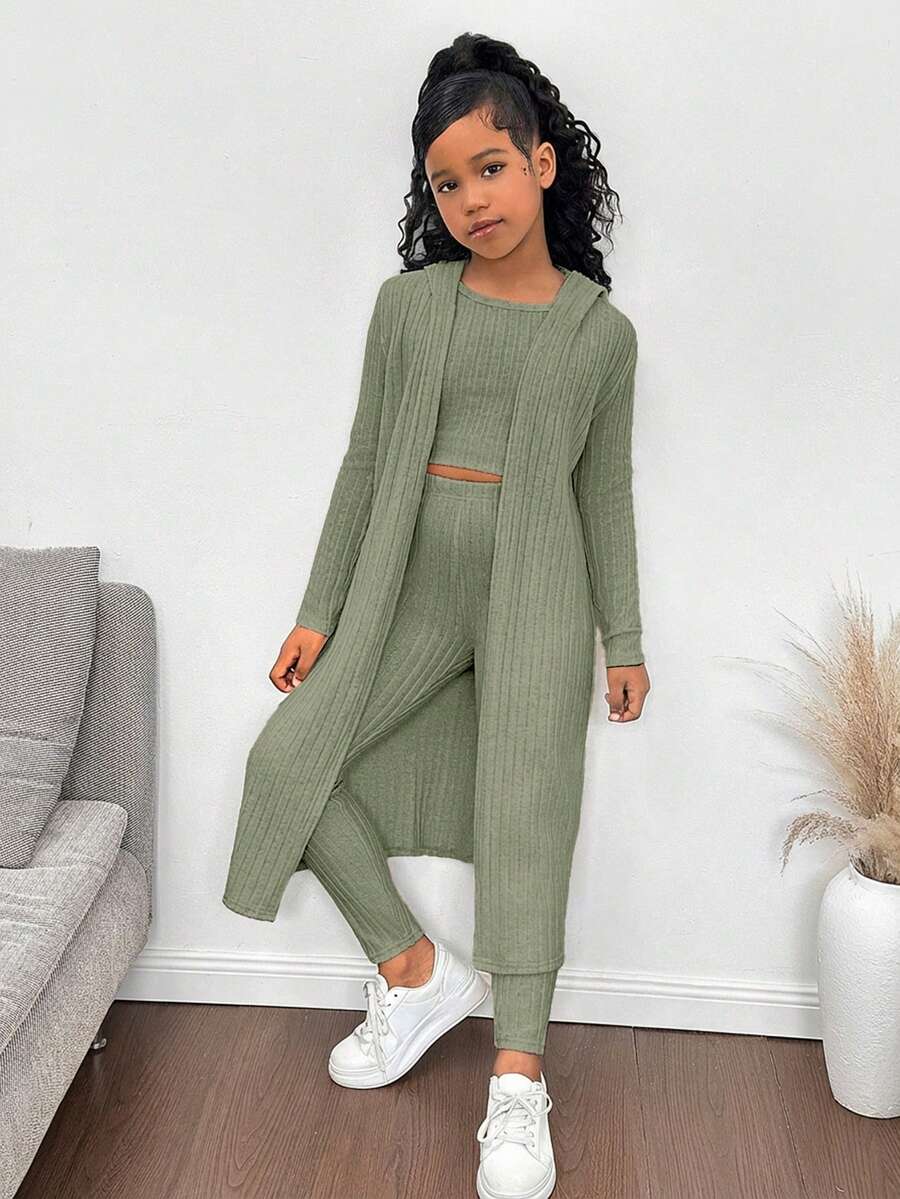 SHEIN 3pcs/Set Tween Girls Long Jacket + Vest + Leggings, Casual Versatile Fashion Outfit - Army Green - View 1
