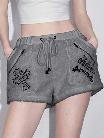 Y2K Gothic Cross Embroidered Fuzzy Women Shorts, Halloween