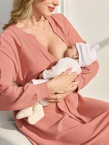 SHEIN 高级针织孕妇哺乳连衣裙，冬季新品 - 粉色 - 查看 7