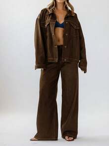 Aralina 经典纽扣式落肩休闲牛仔夹克 - 巧克力棕 - 查看 11