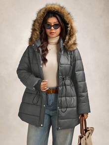 Zelara Abrigo acolchado con capucha con cremallera y cuello desmontable de piel, cálido para otoño/invierno, talla grande - Gris Oscuro - Ver 4