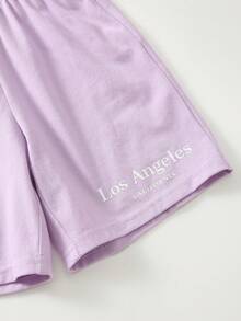 Set de 2 piezas de camiseta de manga corta con cuello redondo holgada y estampado de letras, y shorts holgados para niña joven en color morado - Púrpura malva - Ver 7