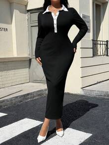 Calvaya Damen Kleid in Große Größen mit Knopfleiste und Kontrastfarben Schwarz & Weiß, Lässig - Schwarz - Übersicht 8