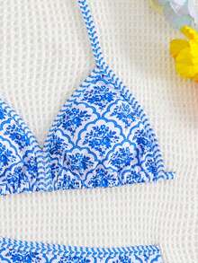 SHEIN Bộ bikini kẻ caro xanh trắng dành cho bé gái tuổi teen: Thiết kế buộc cổ, điểm nhấn dễ thương, mở ra xu hướng thời trang biển mùa hè. - Màu xanh lam - Xem 3
