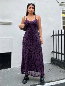 SHEIN EZwear Lila Blume Muster Modisches Trägerkeid mit Mesh in Große Größen - Violett - Übersicht 5