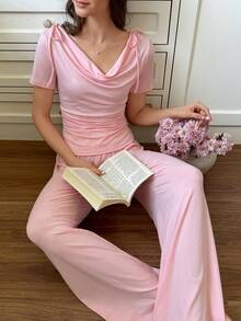 SHEIN Pink Knit Draped Neck Short Sleeve Pants Women Pajama Set - Pink - View 6