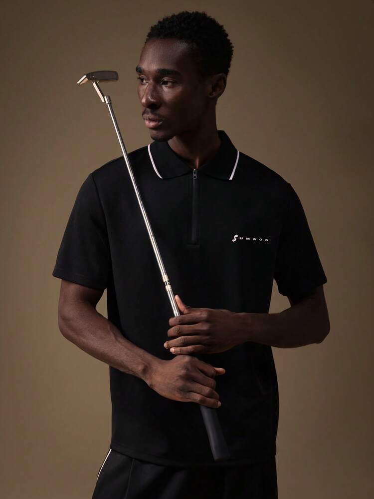 Relaxed Fit Quarter Zip Polo With Contrast Trim