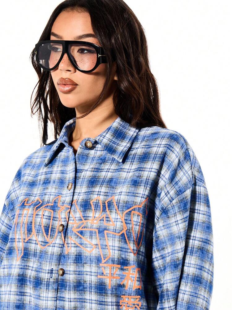 SUMWON WOMEN Washed Check Print Oversized Button Shirt