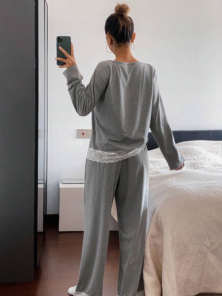 Contrast Color Lace Patchwork Top And Pants Women Pajama Set