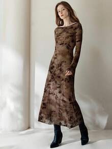 Aveloria Modichic 法式奢华优雅新款性感透视复古花卉植绒网纱A字收腰喇叭下摆喇叭袖连衣裙，适合约会、夜店、度假、婚礼等场合。 - 棕色 - 查看 3