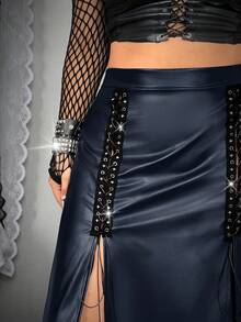 Whyspr Plus Size Autumn/Winter PU Faux Leather Metal Grommet Lace-Up Hollow Out Double Slit Elegant Vintage Sexy Punk Goth Long Skirt - Blue - View 5