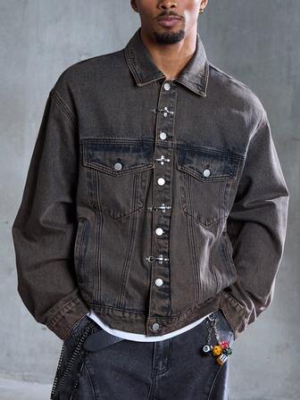 Street Life Giacca di jeans casual da uomo con colletto e fibbia a forma di aereo retrò