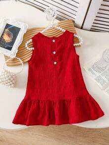 SHEIN Playful Pals Baby Girl Ruffled Sleeveless Solid Color Dress, Casual And Comfortable Princess Dress For Summer, Suitable For Outings Or Layering - Red - View 2