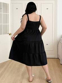 CovetEZ Vestido informal de talla grande de línea A sin mangas de color liso minimalista para primavera/verano - Negro - Ver 2