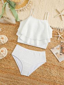 SHEIN Đồ bơi hai mảnh màu trắng dành cho bé gái, chất liệu vải đặc biệt, có viền bèo nhún, thích hợp cho kỳ nghỉ, du lịch, nghỉ mát. Đồ bơi hai mảnh cho bé gái tuổi teen, bộ đồ bơi hai mảnh mùa hè, đồ bơi cho thanh thiếu niên, bikini trắng kiểu dây mảnh không có nơ, đồ bơi hai mảnh cho kỳ nghỉ hè của bé gái. - trắng - Xem 3
