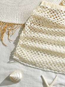 SHEIN 少女度假贝壳边纹理泳衣套装，含罩衫和迷你裙 - 杏色 - 查看 5