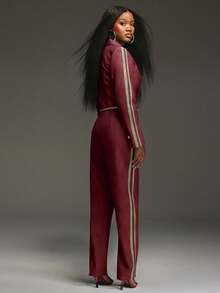 NYA SZN Kelli Pant High Rise Slim Straight Leg Fitted Streetwear Vintage Y2K Gyaru Holiday Everyday Casual Date Night Out Ibiza Fall Winter Carnival Outfits For Women - Burgundy - View 2