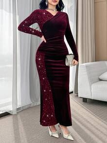 Feyla Fitted Long Burgundy Party Dress With Sequins And Ruched Velvet, Long Sleeves And V Neck Christmas Dresses For Women - Burgundy - View 3