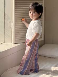 DAZY 2pcs/Set Toddler Boys' Casual Round Neck T-Shirt And Striped Pants Comfortable Pajamas - White - View 4