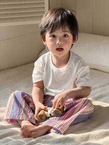 DAZY 2pcs/Set Toddler Boys' Casual Round Neck T-Shirt And Striped Pants Comfortable Pajamas - White - View 11
