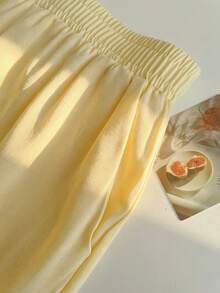 Jouncy 2件套女士度假纯色灯笼袖前系带衬衫和裤子套装 - 黃色 - 查看 3