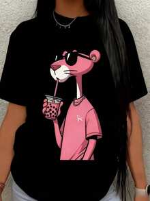 Mujer camiseta casual con estampado de personaje animado, diseño suave y holgado, cuello redondo, manga corta, primavera‑verano, uso diario, playera,Pantera Rosa, chic - Negro - Ver 1