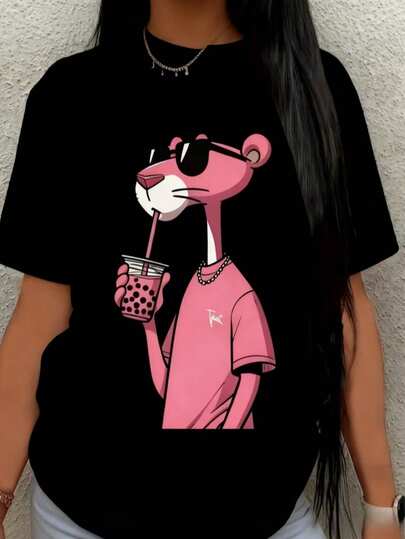 Mujer camiseta casual con estampado de personaje animado, diseño suave y holgado, cuello redondo, manga corta, primavera‑verano, uso diario, playera,Pantera Rosa, chic