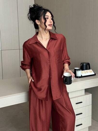 Dazy Plus Valentine Plus Size Women 2 Pieces Set Casual Loose Shirt & Wide Leg Pants, Vacation Style, Red Color, Spring/Autumn