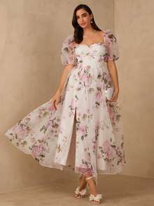 Enchnt Spring/Summer Romantic Women's White Floral Print Princess Maxi Dress,Sweet&Elegant For Vacation&Date&Holiday&Going Out&Valentine's Day,Spring Outfit Women - White - View 4