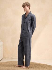 SHEIN 男士灰色格子领长袖睡衣套装 - 灰色 - 查看 3