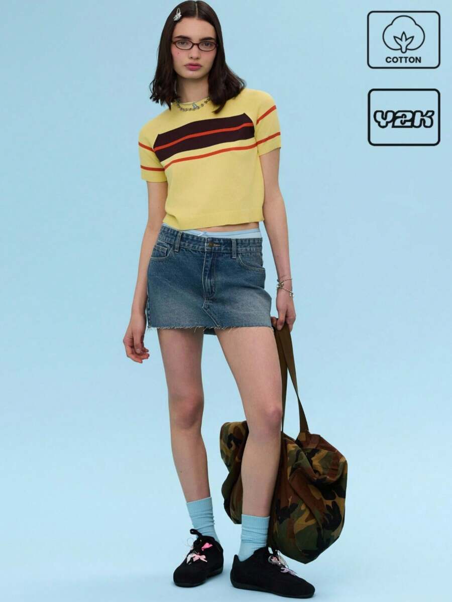 COUREZ Micro Denim Skirt With Distressed Hem /Y2K/Casual/Cotton /Summer Cotton Cotton Vintage - Medium Wash - View 1