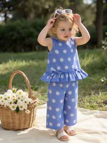 SHEIN Vintaside Kids 两件套女婴夏季时尚简约可爱套装，蓝白格纹上衣饰有蝴蝶结，搭配同款格纹长裤，适合户外、上学、旅行穿着。 - 藍色 - 查看 3