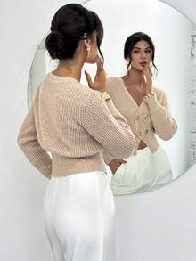 Firerie Casual Women Grey V Neck Rib-Knit Pullover Loose Sweater With Long Drop Shoulder Sleeves - Grey - View 4