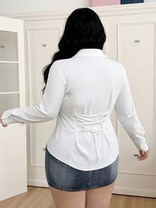 CovetEZ Plus Size White Bandage Button Shirt, Spring/Summer - White - View 1