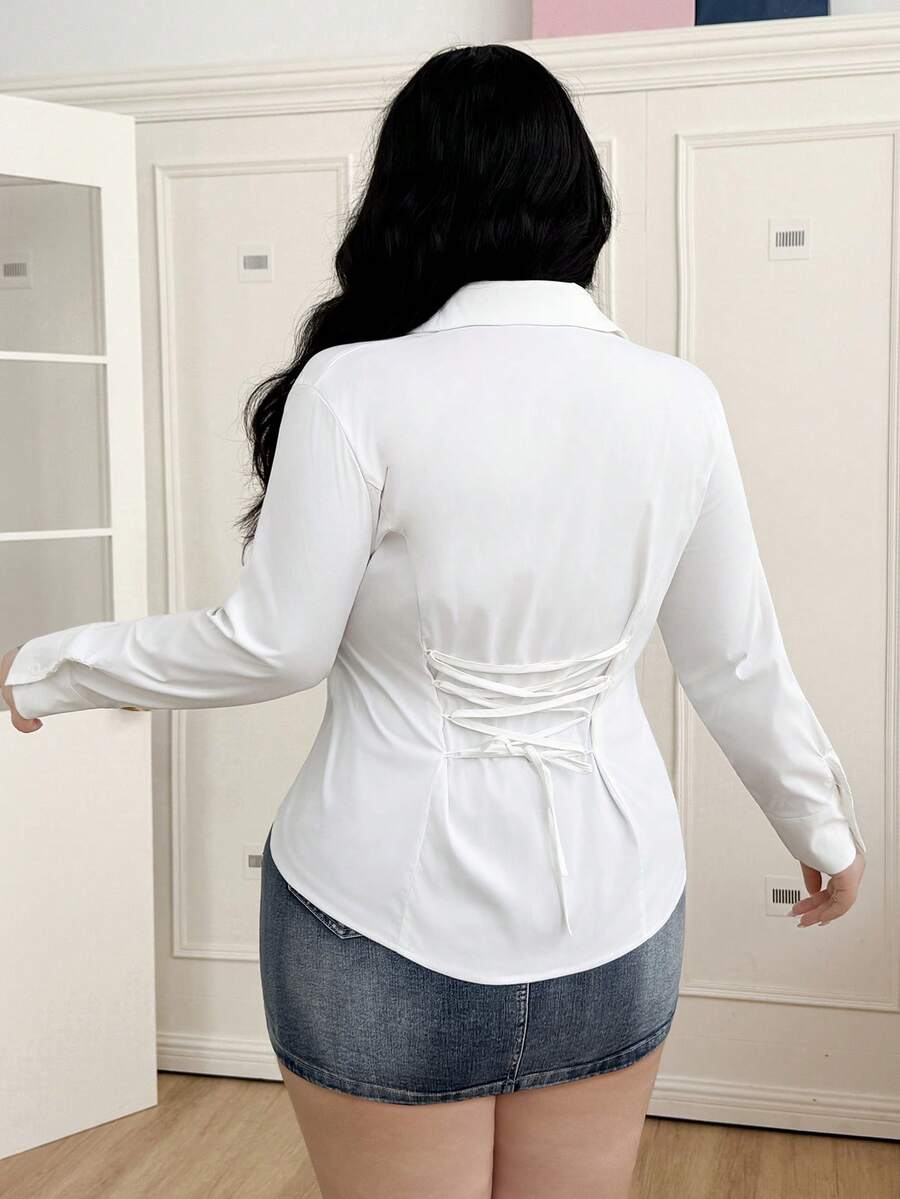 CovetEZ Plus Size White Bandage Button Shirt, Spring/Summer - White - View 1