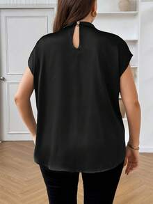 EMERY ROSE Plus Size Black Plain Ruched Stand Collar Woven Fabric Batwing Short Sleeve Blouse Top - Black - View 2