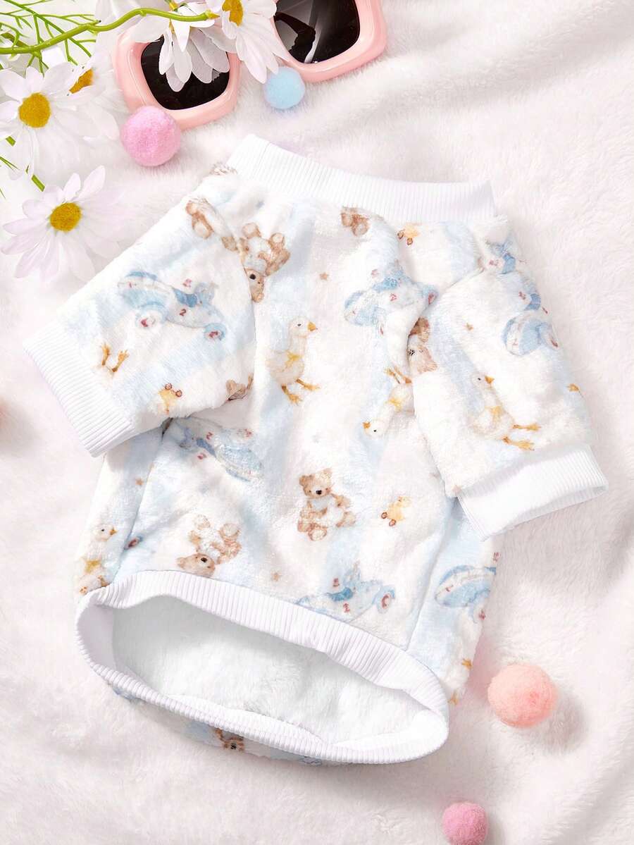 PETSIN 1 Pc White Goose And Teddy Bear Printed Flannel Pet , Autumn And Winter Thick Warm Pet Clothing - Multicolor - View 1