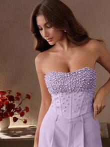 Anewsta Áo crop top bodycon đính cườm thanh lịch, sang trọng và sành điệu, thích hợp cho năm mới, Giáng sinh, đi chơi, mùa đông - Màu tím - Xem 3