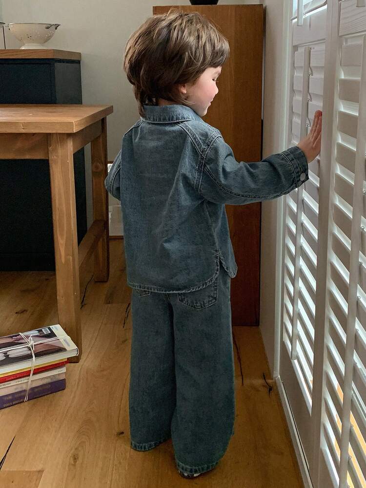 2pcs Toddler Boys' V-Neck Loose Casual Long Sleeve Denim Shirt And Denim Pants Set