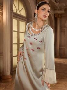Al Najma Women's Long Sleeve Tunic With Crystal Embellishment, Traditional Turkish & Arabic Style Kaftan Jalabiya Dress - Apricot - View 6