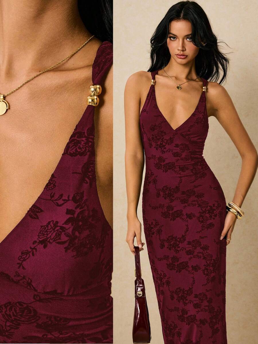 Poéselle 女士V领装饰纽扣优雅露背连衣裙 - 酒紅色 - 查看 1