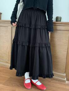 Dazy Plus 纯色休闲拼接荷叶边A字裙，百搭黑色 - 黑色 - 查看 10