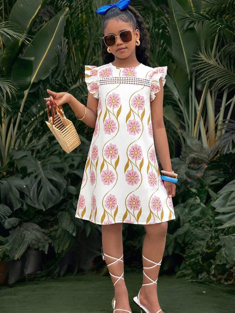 少女休闲碎花拼接荷叶边宽松度假连衣裙，母女装 - 彩色 - 查看 5