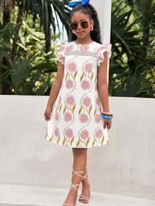 少女休闲碎花拼接荷叶边宽松度假连衣裙，母女装 - 彩色 - 查看 6