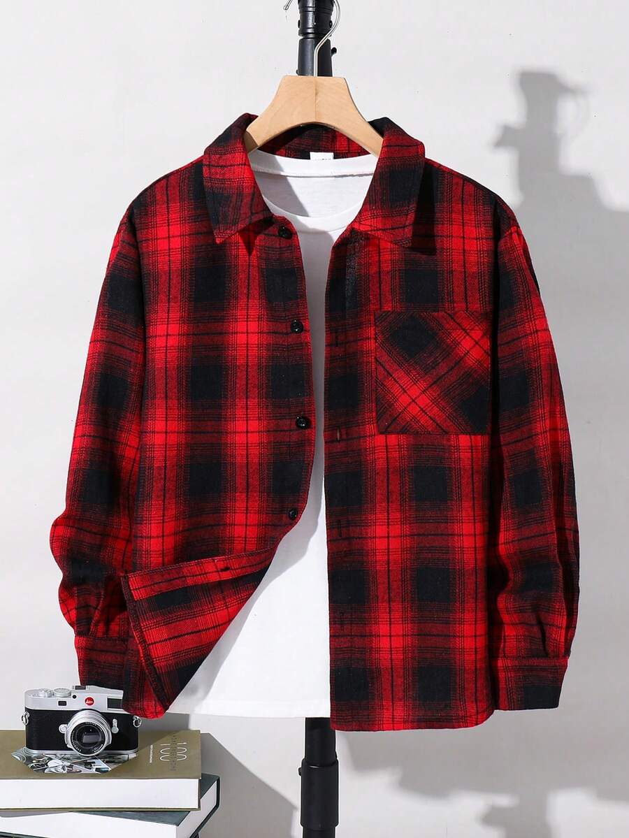 SHEIN Tween Boy Loose-Fitting Casual Collared Woven Plaid Drop-Shoulder Shirt,Black Top,Long Sleeve Top,Suitable For Autumn And Winter - Red - View 1
