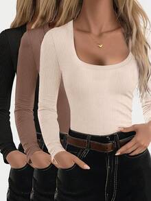 EMERY ROSE Áo thun dài tay dáng ôm, màu trơn, có gân dành cho nữ, cỡ lớn. - Nhiều màu - Xem 1